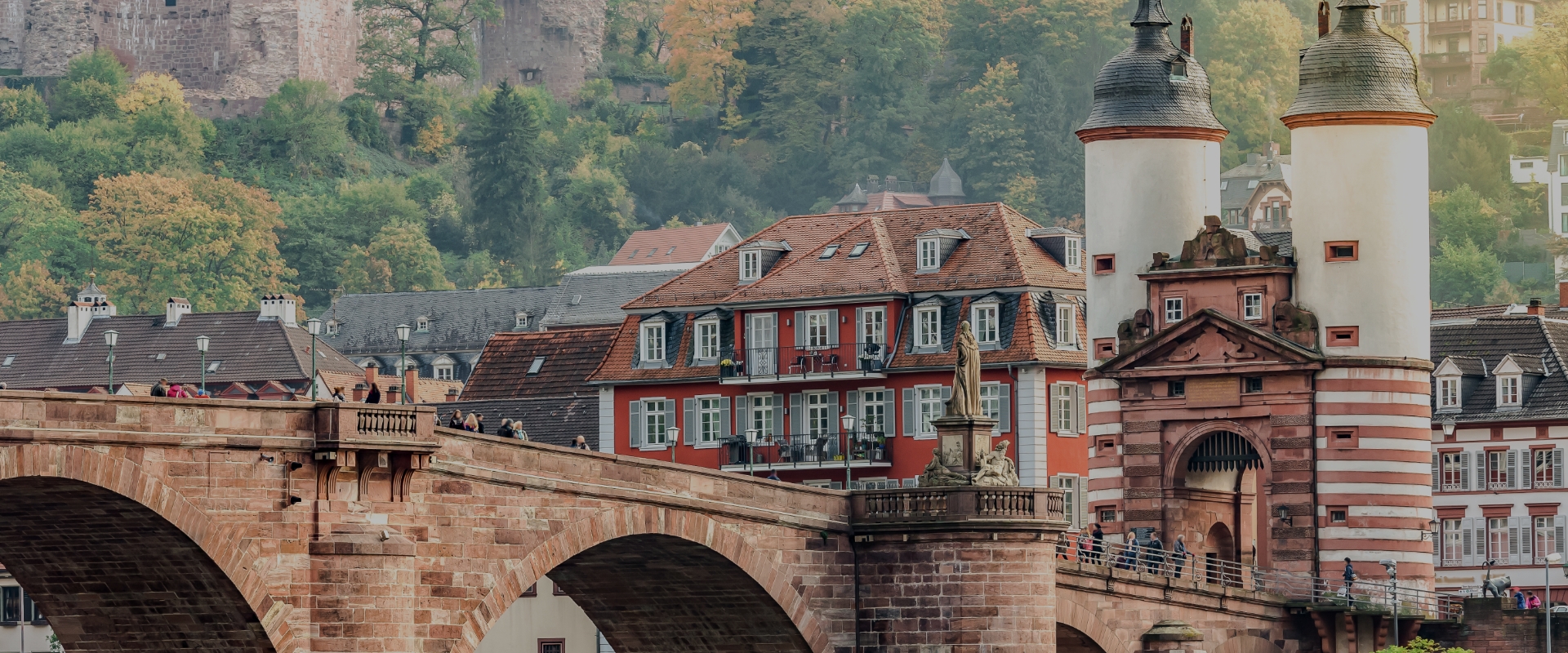 Blick auf die Alte Brücke in Heidelberg mit Brückentor und Altstadt